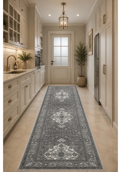 Gri Antrasit Klasik Madalyon Desenli Dekoratif Salon Halısı 3044-4