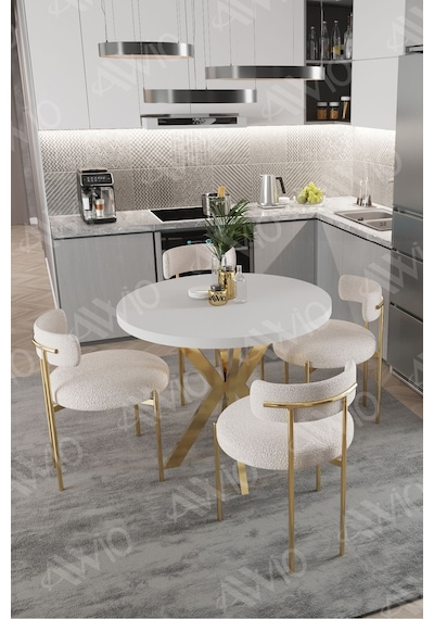 Avvio Lea Mat Gold Ayak 4'lü Teddy Sandalye 90x90 Masa Sandalye Takımı Sandalye Bukle Kumaş Beyaz