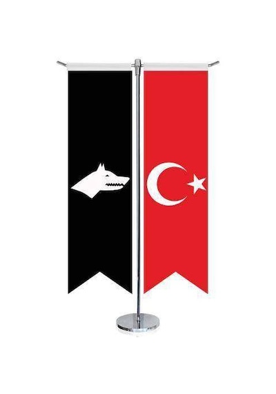 Siyah Beyaz Göktürk Bayrağı - 17 Eski Türk Devletleri Ve Türkiye -saten T Direk 2li Masa Bayrağı 1