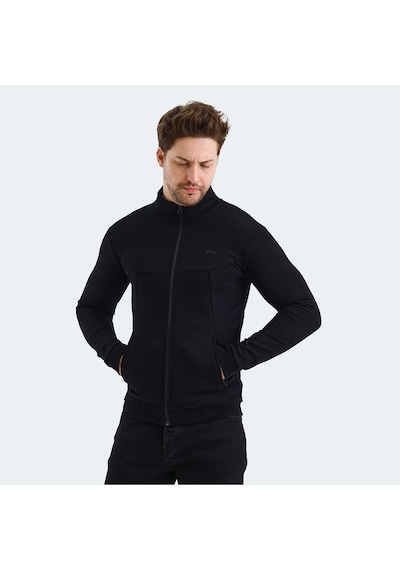Slazenger VISUAL Erkek Fermuarlı Dik Yaka Cepli Siyah Sweatshirt
