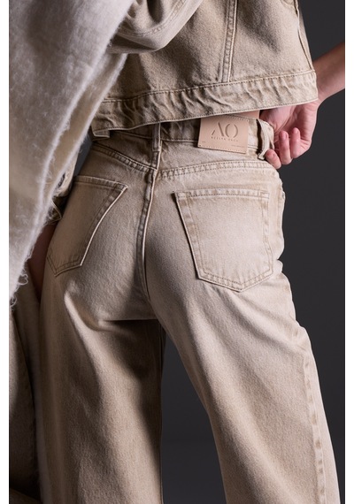 Açelyaokcu High Waist Wide Leg Kar Yıkama Geniş Paça Dikişsiz Jean Bej