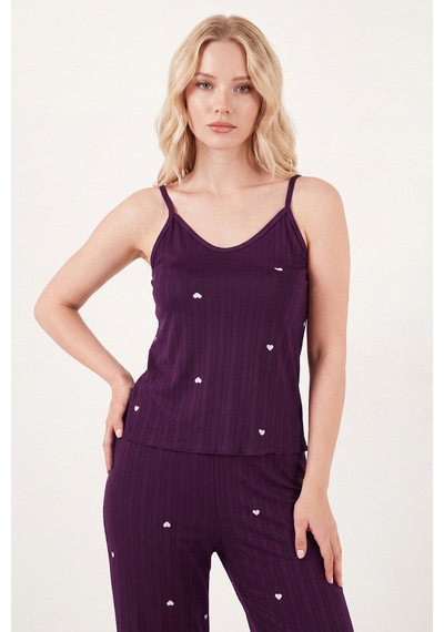 Lela Askılı V Yaka Lastikli Bel Fitilli Pijama Takımı Bayan Pijama Takımı 65780604 Mürdüm MÜRDÜM
