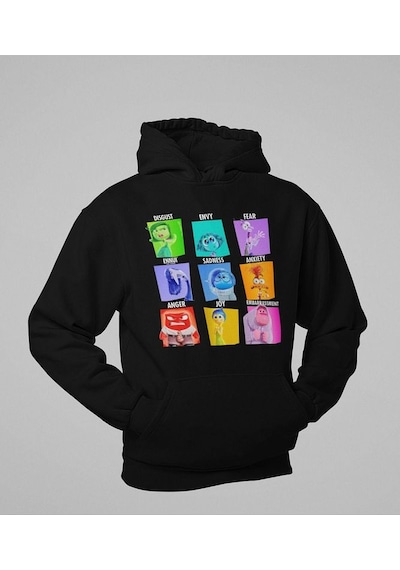 Çizgi Film Ters Yüz Baskılı Unisex Oversize Insiide Out Hoodie Siyah