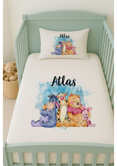 %100 Pamuk İsme Özel İsimli 100x150 Cm Pike Seti Winnie The Pooh