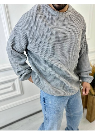 Elku Moda Kazak Oversize Çift Kat Örme Naturel Pamuk Bol Kesim Tüylenmeyen Salaş Triko Kazak Gri