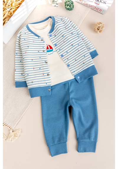 Babymod Balık Desenli 3'lü 100% Pamuk Erkek Bebek Takım Set mavi