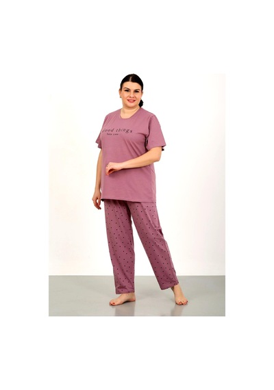 Nisanca %100 Pamuk Büyük Beden Kısa Kol Kadın Pijama Takımı Bordo