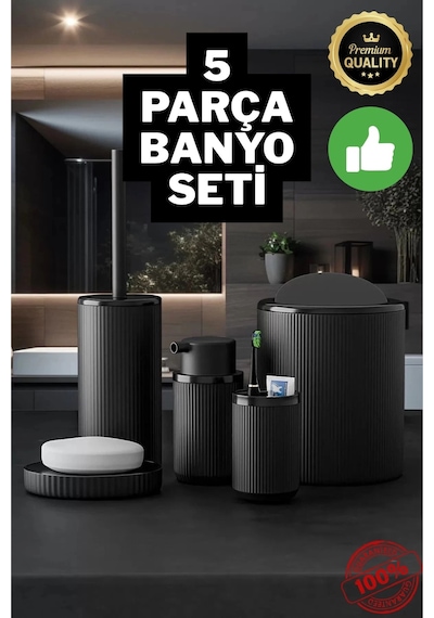 Yuvarlak Siyah 5 Parça Banyo Seti Çöp Kovası Fırça Sabunluk Diş Fırçalık Aksesuar