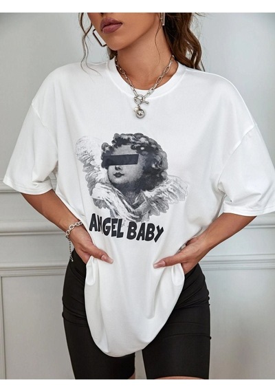 Unisex Beyaz Angel Baby Baskılı Oversize T-shirt 001