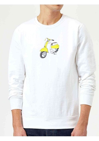 Yellow White Retro Scooter Baskılı Beyaz Erkek Örme Sweatshirt