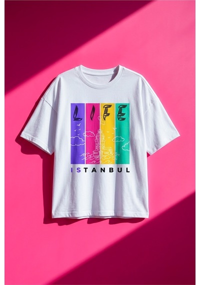 Kadın Oversize Tişört İstanbul Baskılı BEYAZ