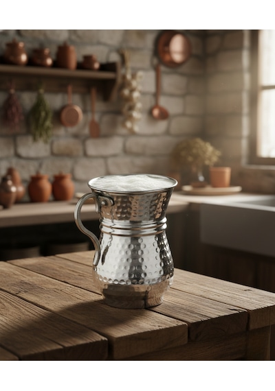 Geleneksel El İşlemesi 300ml Gümüş Renk Bakır Kulplu Maşrapa Ayran Bardağı 7,5cmx10cm Gümüş - Gri
