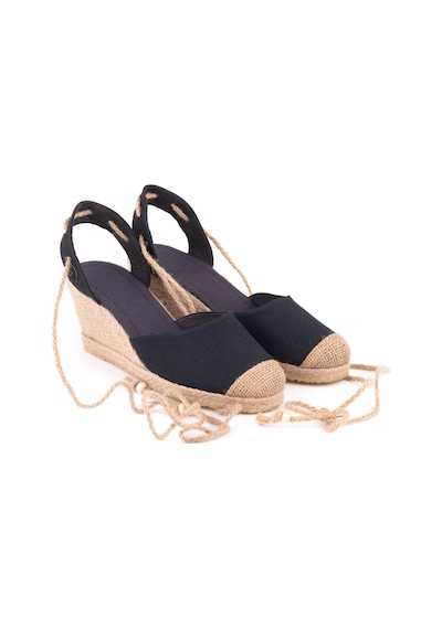 Star Tombis Gerçek Elişi Bilekten Bağcıklı Topuğu Açık Dolgu Topuk Keten Hasır Kadın Espadril Handmade Siyah