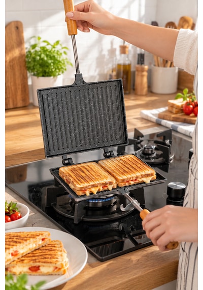 Porsima Çift Taraflı Ocak Üstü Tost Makinesi 17x23 Cm Granit İç Yüzeyli Ahşap Saplı Klasik Tost Tavası Teflon