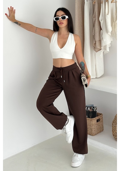 Noa & Noa Kadın Yüksek Bel Geniş Paça Bağcıklı Sweatpant Urban Ease Kahverengi