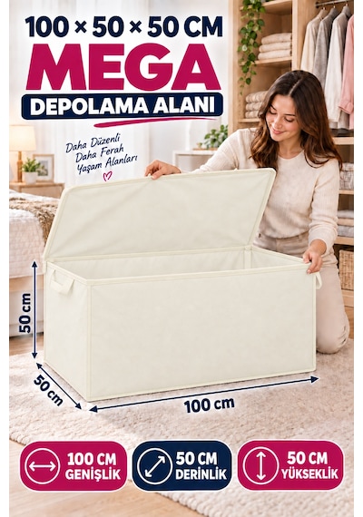 Büyük Hurç 100x50x50 Cm Fermuarlı Kapaklı Taşıma Kulplu Yorgan Battaniye Kıyafet Saklama Kutusu Krem