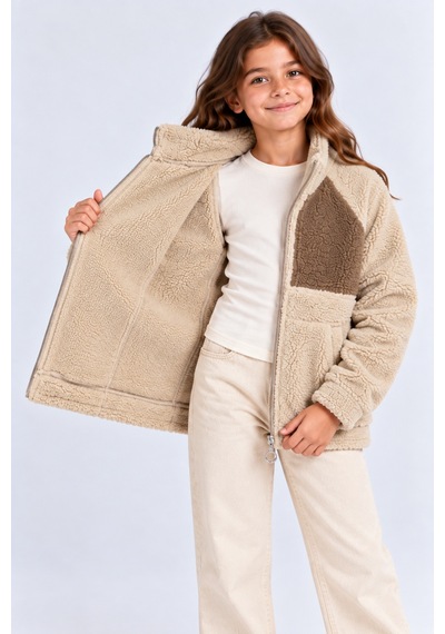 Ahengim Kız Erkek Çocuk Peluş Kuzu Mont Unisex Fermuarlı Dik Yaka Sıcak Tutan Çocuk Ceket Ak100 Bej