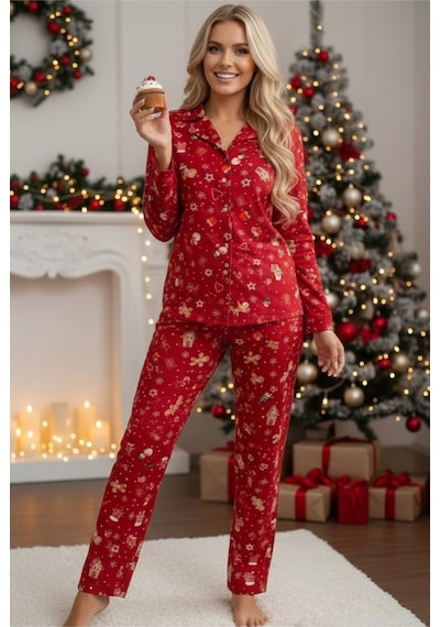 Siyah İnci Yumuşak Dokulu Süet Düğmeli Örme Pijama Takım 7984 Kırmızı Yılbaşı Siyah İnci Yumuşak Dokulu Süet Düğmeli Örme Pijama Takım 7984 Kırmızı Yılbaşı