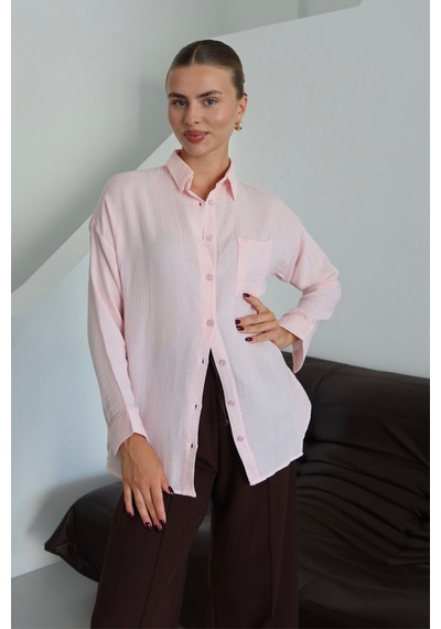 Balenbi Kadın Cepli Oversize Düz Renk Müslin Gömlek 1095 Pembe