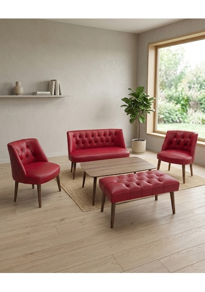 Milano Kırmızı Deri Çay Seti Koltuk Takımı 2+1+1 Bench Sehpa Dahil Ofis Balkon Kuaför Bekleme Takımı