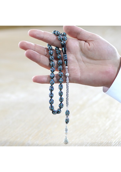 925 Ayar Gümüş Kral Zincir Püsküllü Gümüş-firuze İşlemeli Erzurum Oltu Taşı Tesbih Mavi - Siyah