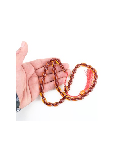 Sıkma Kehribar Beyzi Kesim 9x14mm Tesbih Kırmızı - Sarı