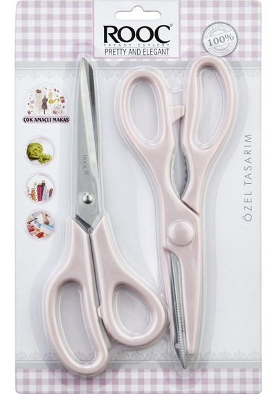 Makri Home Tırtıklı Ağız 2'li Çok Amaçlı Makas Seti Büyük Boy Pembe, 23 Cm