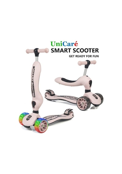 Smart Oturaklı Çocuk Scooter 3 Tekerlekli Işıklı Ledli Scooter Yükseklik Ayarlı 1-5 Yaş Açık Pembe