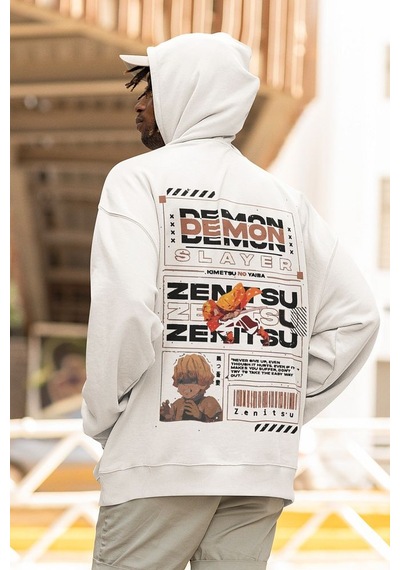 Sevbano Demon Slayer Zenitsu Baskılı Unisex Oversize Anime Hoodie Beyaz