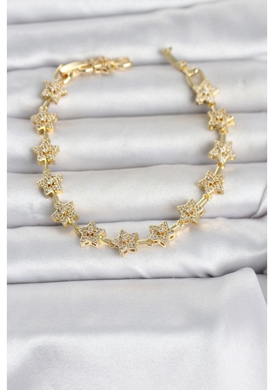 Pirinç Gold Renk Zirkon Taşlı Sıralı Yıldız Model Kadın Bileklik Çok Renkli 92794055