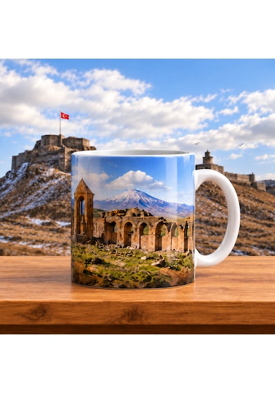 Ani Harabeleri Baskılı Porselen Kupa 300 Ml Kars Temalı Hediyelik Bardak Tekli Beyaz