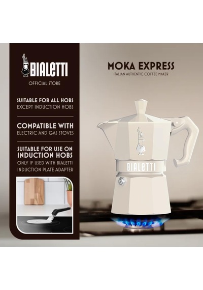 Moka Exclusive: 3 Cups Ocak Üstü Espresso Pişirici - 130ml - Krem Renk - Alüminyum Gövde - Patentli Güvenlik Valfi - Tüm Ocak Türleri İçin Uygundur İndüksiyon Hariç