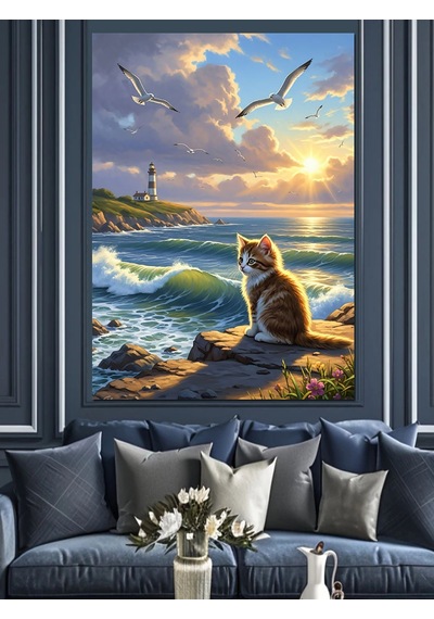Ahşap Tablo Denize Bakan Kedi Manzarası