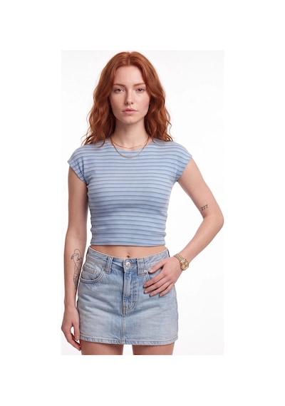 CEMO Çizgili Bisiklet Yaka Crop Bluz Mavi