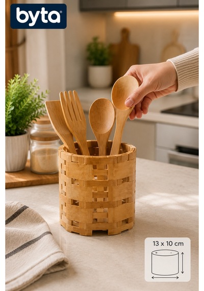 Bambu Kaşıklık 13x10 Cm Mutfak Tezgah Üstü Kaşık Çatal Düzenleyici Organizer Kahverengi
