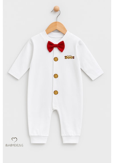 Babyden's Mini Boss Papyonlu Erkek Bebek Tulum Düğmeli Tasarım, Uzun Kollu Yenidoğan Tulumu Kırmızı