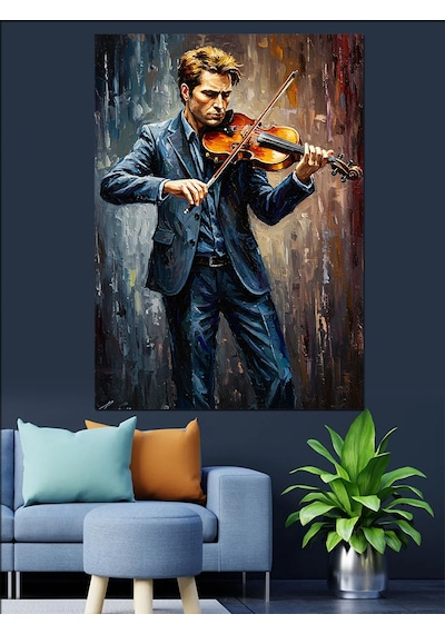Ahşap Tablo Keman Çalan Mavi Giysili Adam