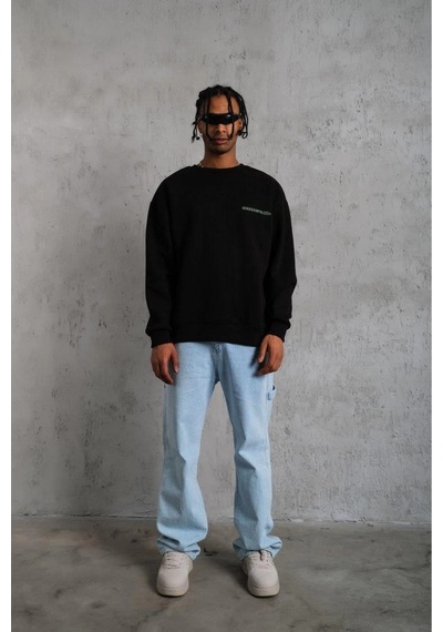 Erkek Oversize Sweatshirt Ön Ve Sırt Baskılı 3 İplik Pamuklu - Siyah