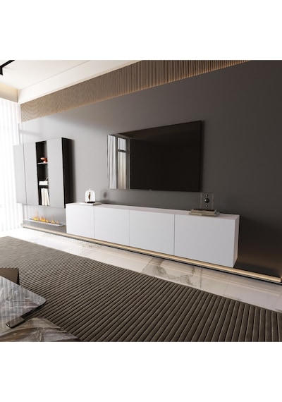 Modern Mobilya Paris Tv Ünitesi Tv Sehpası Duvara Monte 4 Kapaklı Beyaz 240 Cm Beyaz
