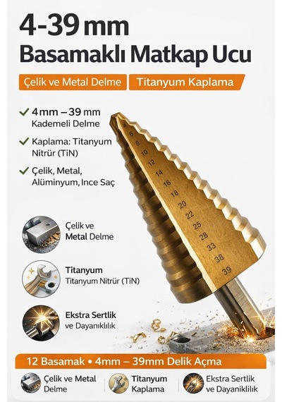 Senbang 4 39 Mm Basamaklı Matkap Ucu Titanyum Kaplama Çelik & Metal Delme Kademeli Delik Açma