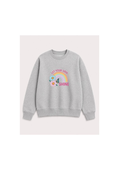 Herkesemoda Gökkuşağı Baskılı 2 İplik Şardonlu Bisiklet Yaka Sweatshirt Gri