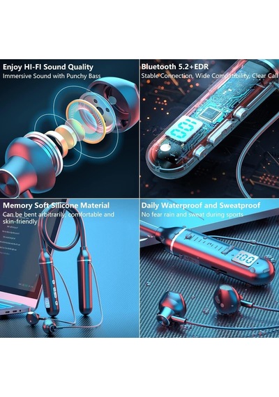 Tb04 Boyun Bantlı Bluetooth Kulaklık, Dijital Gösterge, 100 Saat Müzik Dinleme, Siyah