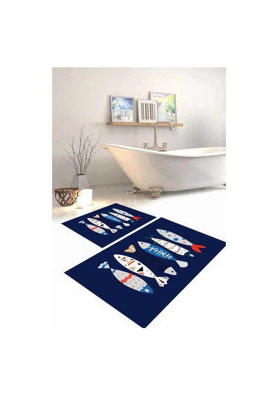 Buççin Online Mağaza Dijital Baskılı Yıkanabilir Renkli Balık Desenli Banyo Paspası Klozet Takımı Polyester Lacivert Çok Renkli
