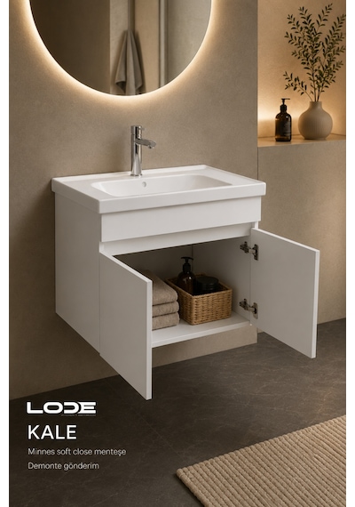 Kale 90cm Beyaz Demonte Lavabolu Alt Banyo Dolabı, Seramik Lavabo Dahil