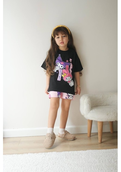 Miniko Kids Kız Çocuk Kuromi Modelli Baskılı Şortlu Pamuk Takım Siyah