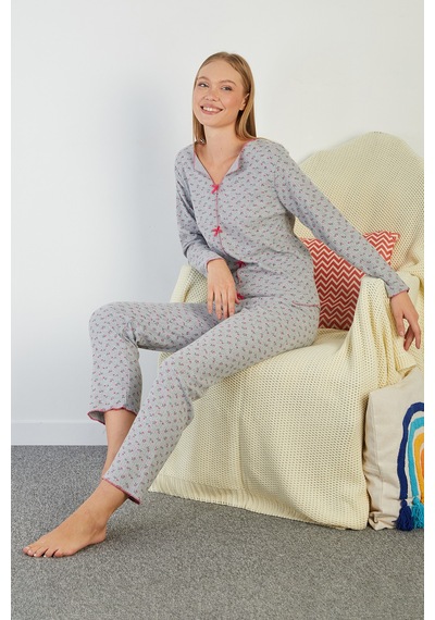 Fullamoda Çiçek Desenli V Yaka Pijama Takımı Gri