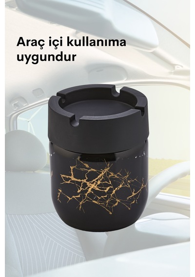 Grimorlife 2 Adet Siyah Bronz Mermer Desenli Dekoratif Cam Kokusuz Küllük Kül Tablası Seti 425 Cc