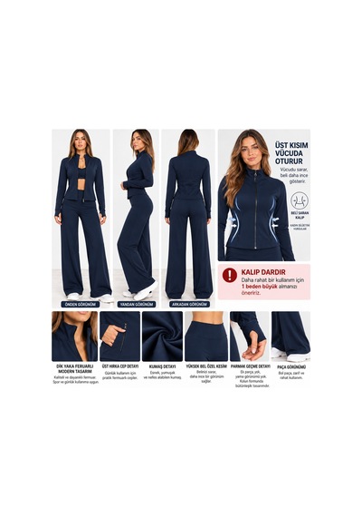 Genel Markalar Kadın Lacivert Dik Yaka Fermuarlı Slim Fit Üst Bol Paça İkili Eşofman Takımı