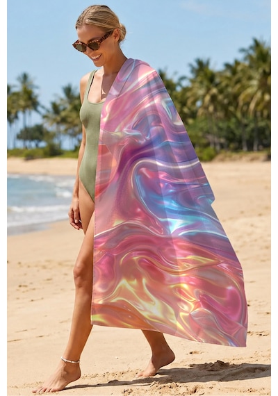 Mermer Efektli Modern Parlak Plaj Havlusu - Soyut Gradient İrisli Hızlı Kuruyan Mikrofiber Havlu Pastel Menekşe