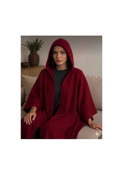 Alpin Unisex Oversize Kapüşonlu Panço Bordo Premium Kışlık Kumaş Bordo Bordo